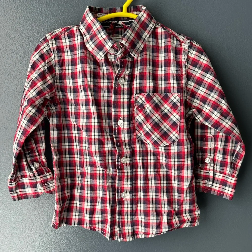 ❤️ CHILDREN’S PLACE Boys Button Down 18-24 months red white and blue plaid euc